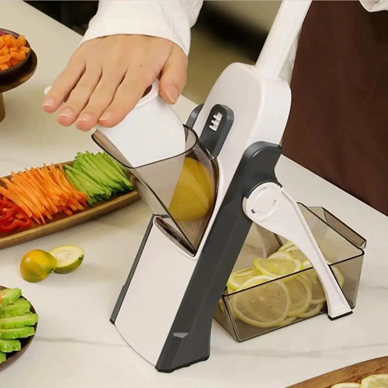 Multifunctional vegetable cutterFeatures

Reliable and strong plastic
Fast slicing without effort
Thanks to the unique spring system, the handle after pressing instantly rises up without requiring Kitchen ItemsahomeahomeMultifunctional vegetable cutter